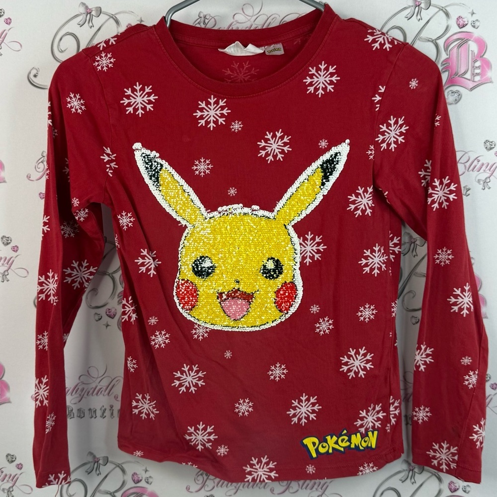H&M PokΓ©mon sequins pikachu sequins Red PokΓ©mon Long Sleeve Kids Tee snow